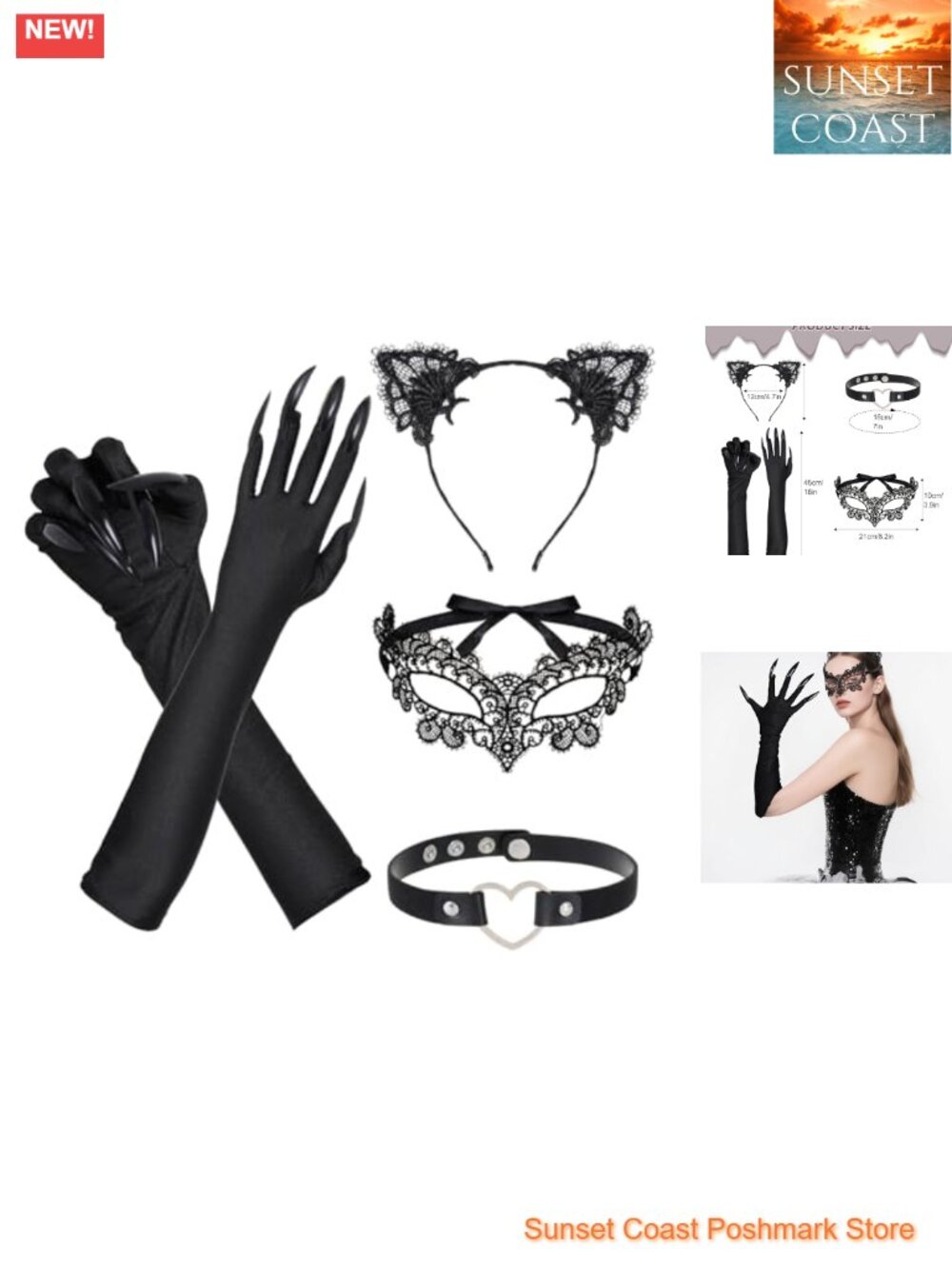 Cat Costume Accessory Set Lace Mask Claw Gloves Headband Choker